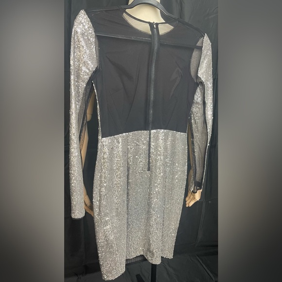 Gianni Bini Silver Sequin Mini Gown with Sheer Back - Picture 3 of 5